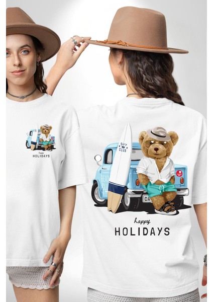 Sörfçü Arabalı Tatlı Oyuncak Ayı Kadın Erkek Ön Minimal Sırt Baskılı Beyaz Pamuklu Tişört