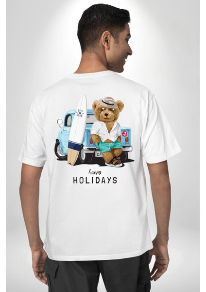 Sörfçü Arabalı Tatlı Oyuncak Ayı Kadın Erkek Ön Minimal Sırt Baskılı Beyaz Pamuklu Tişört modelleri