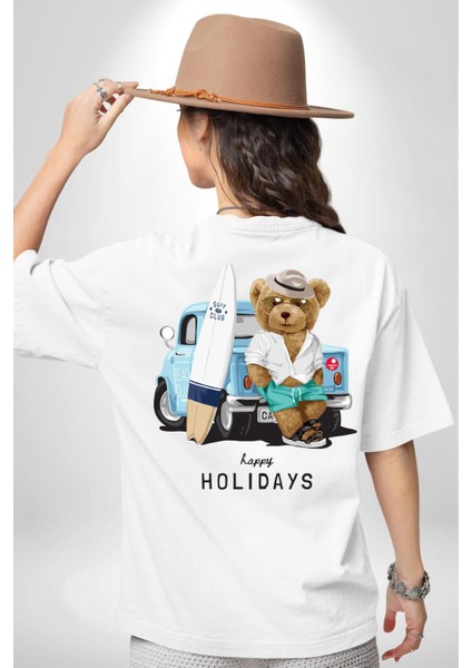 Sörfçü Arabalı Tatlı Oyuncak Ayı Kadın Erkek Ön Minimal Sırt Baskılı Beyaz Pamuklu Tişört fırsatları