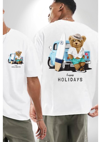 Sörfçü Arabalı Tatlı Oyuncak Ayı Kadın Erkek Ön Minimal Sırt Baskılı Beyaz Pamuklu Tişört indirimleri