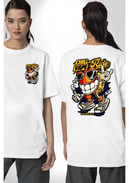 Sakin Ol Vape ve Sür Kadın Erkek Ön Minimal Sırt Baskılı Beyaz Pamuklu Tişört