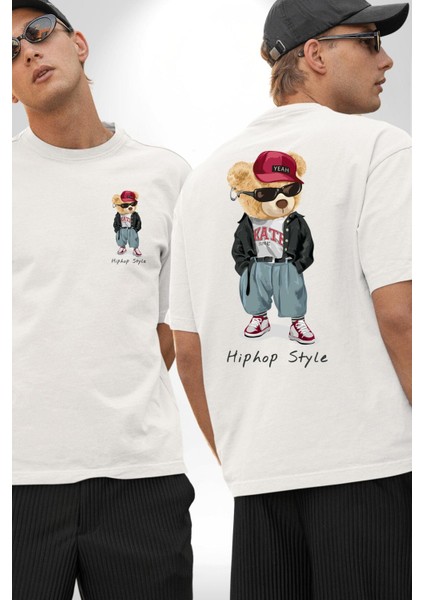 Hip Hop Tarzı Oyuncak Ayı Kadın Erkek Ön Minimal Sırt Baskılı Beyaz Pamuklu Tişört