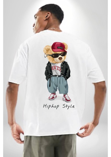 Hip Hop Tarzı Oyuncak Ayı Kadın Erkek Ön Minimal Sırt Baskılı Beyaz Pamuklu Tişört fiyatları
