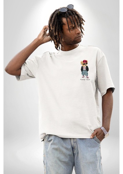 Hip Hop Tarzı Oyuncak Ayı Kadın Erkek Ön Minimal Sırt Baskılı Beyaz Pamuklu Tişört modelleri