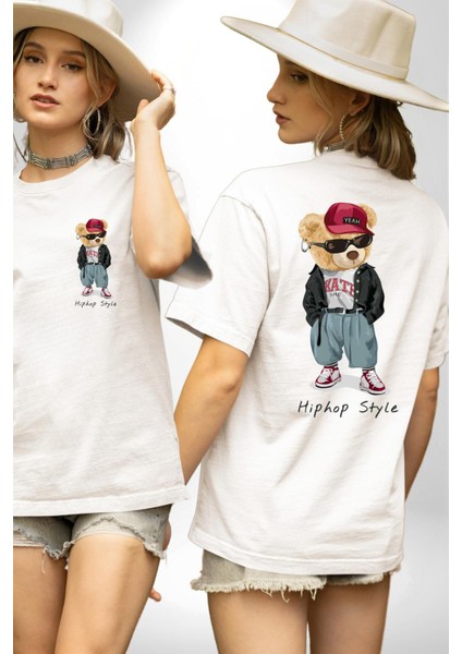 Hip Hop Tarzı Oyuncak Ayı Kadın Erkek Ön Minimal Sırt Baskılı Beyaz Pamuklu Tişört fırsatları