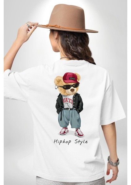 Hip Hop Tarzı Oyuncak Ayı Kadın Erkek Ön Minimal Sırt Baskılı Beyaz Pamuklu Tişört indirimleri