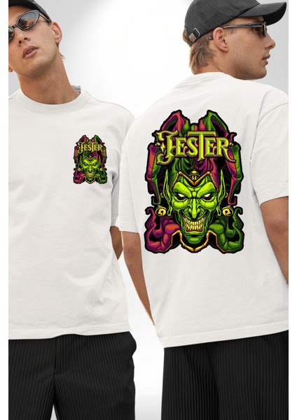 Jester Cadılar Bayramı Karakter Kadın Erkek Ön Minimal Sırt Baskılı Beyaz Pamuklu Tişört