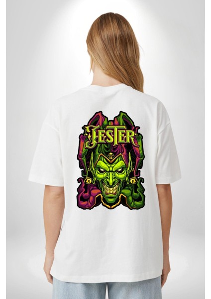Jester Cadılar Bayramı Karakter Kadın Erkek Ön Minimal Sırt Baskılı Beyaz Pamuklu Tişört fiyatları