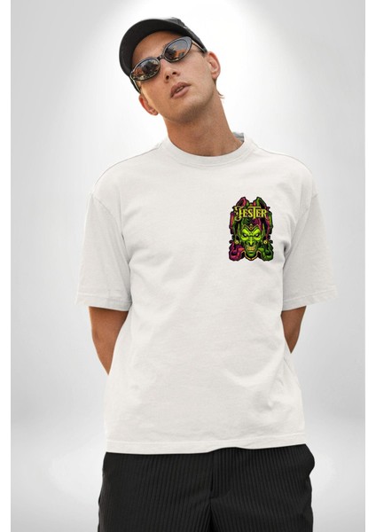 Jester Cadılar Bayramı Karakter Kadın Erkek Ön Minimal Sırt Baskılı Beyaz Pamuklu Tişört modelleri
