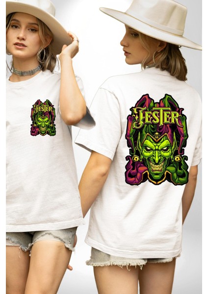 Jester Cadılar Bayramı Karakter Kadın Erkek Ön Minimal Sırt Baskılı Beyaz Pamuklu Tişört fırsatları