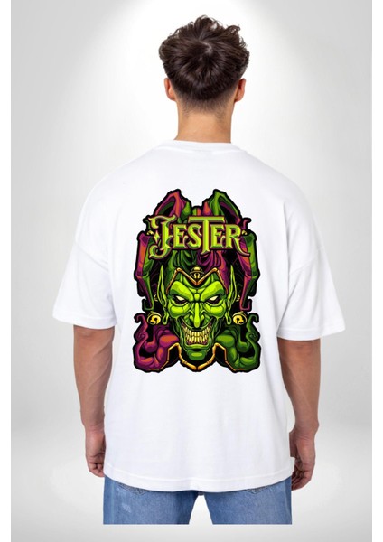 Jester Cadılar Bayramı Karakter Kadın Erkek Ön Minimal Sırt Baskılı Beyaz Pamuklu Tişört indirimleri