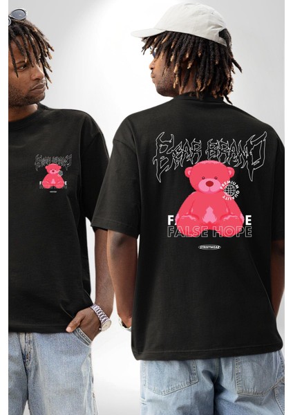 Umut Oyuncak Ayı Sokak Tarzı Kadın Erkek Ön Minimal Sırt Baskılı Siyah Pamuklu Tişört