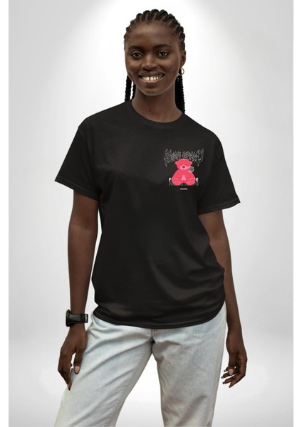 Umut Oyuncak Ayı Sokak Tarzı Kadın Erkek Ön Minimal Sırt Baskılı Siyah Pamuklu Tişört modelleri