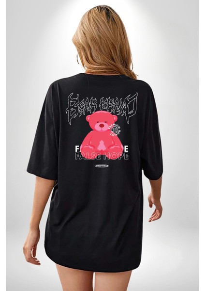 Umut Oyuncak Ayı Sokak Tarzı Kadın Erkek Ön Minimal Sırt Baskılı Siyah Pamuklu Tişört indirimleri