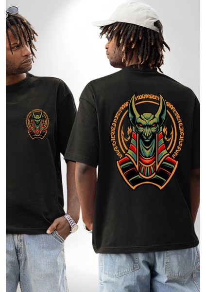 Mısır Anubis Köpek Kral Eski Motif Kadın Erkek Ön Minimal Sırt Baskılı Siyah Pamuklu Tişört