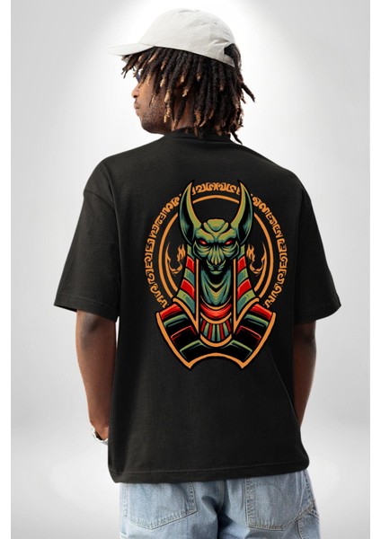 Mısır Anubis Köpek Kral Eski Motif Kadın Erkek Ön Minimal Sırt Baskılı Siyah Pamuklu Tişört indirimleri