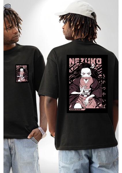 Demon Slayer Nezuko Kamado Anime Kadın Erkek Ön Minimal Sırt Baskılı Siyah Pamuklu Tişört