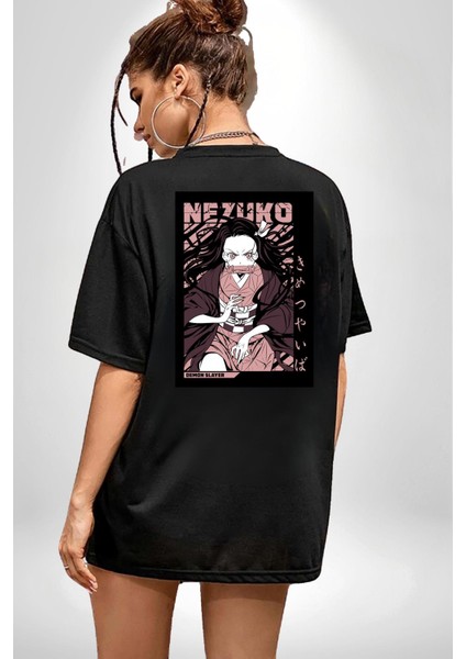 Demon Slayer Nezuko Kamado Anime Kadın Erkek Ön Minimal Sırt Baskılı Siyah Pamuklu Tişört fiyatları