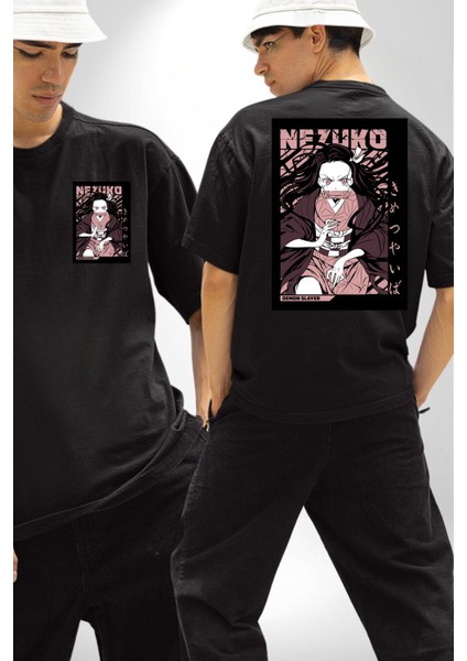 Demon Slayer Nezuko Kamado Anime Kadın Erkek Ön Minimal Sırt Baskılı Siyah Pamuklu Tişört fırsatları
