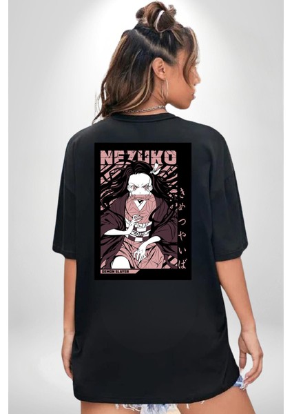 Demon Slayer Nezuko Kamado Anime Kadın Erkek Ön Minimal Sırt Baskılı Siyah Pamuklu Tişört indirimleri