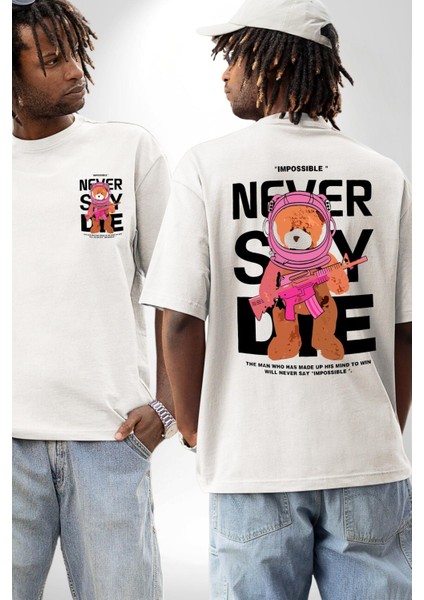 Asla Yalana Söyleme Havalı Ayıcık Kadın Erkek Ön Minimal Sırt Baskılı Beyaz Pamuklu Tişört