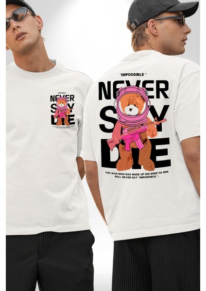 Asla Yalana Söyleme Havalı Ayıcık Kadın Erkek Ön Minimal Sırt Baskılı Beyaz Pamuklu Tişört fırsatları