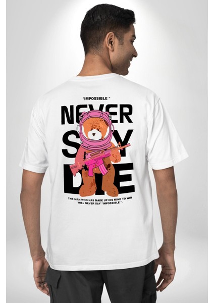 Asla Yalana Söyleme Havalı Ayıcık Kadın Erkek Ön Minimal Sırt Baskılı Beyaz Pamuklu Tişört indirimleri