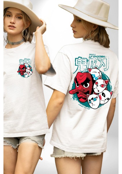 Demon Slayer Urokodaki Maskeler Anime Kadın Erkek Ön Minimal Sırt Baskılı Beyaz Pamuklu Tişört