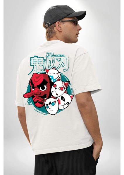 Demon Slayer Urokodaki Maskeler Anime Kadın Erkek Ön Minimal Sırt Baskılı Beyaz Pamuklu Tişört fiyatları