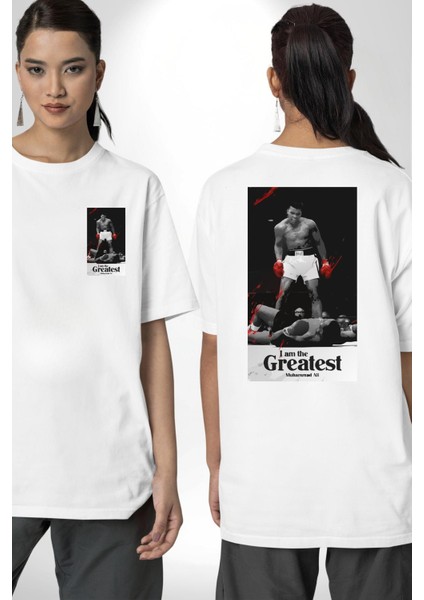 Muhammed Ali Ben En Büyüğüm Kadın Erkek Ön Minimal Sırt Baskılı Beyaz Pamuklu Tişört