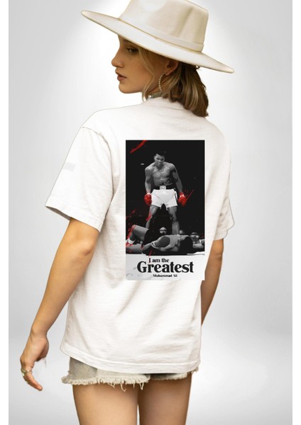 Muhammed Ali Ben En Büyüğüm Kadın Erkek Ön Minimal Sırt Baskılı Beyaz Pamuklu Tişört fiyatları