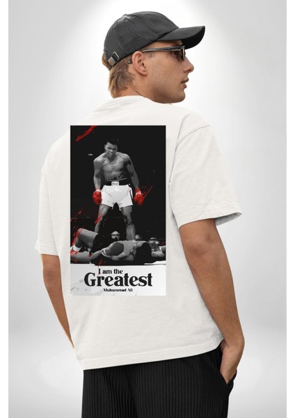 Muhammed Ali Ben En Büyüğüm Kadın Erkek Ön Minimal Sırt Baskılı Beyaz Pamuklu Tişört indirimleri