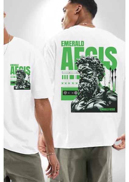 Kralın Zümrütü Yunan Kralı Kadın Erkek Ön Minimal Sırt Baskılı Beyaz Pamuklu Tişört
