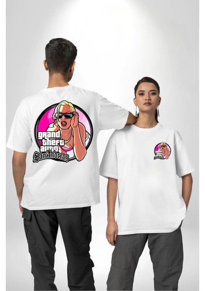 Gta San Andreas Logo Kadın Erkek Ön Minimal Sırt Baskılı Beyaz Pamuklu Tişört