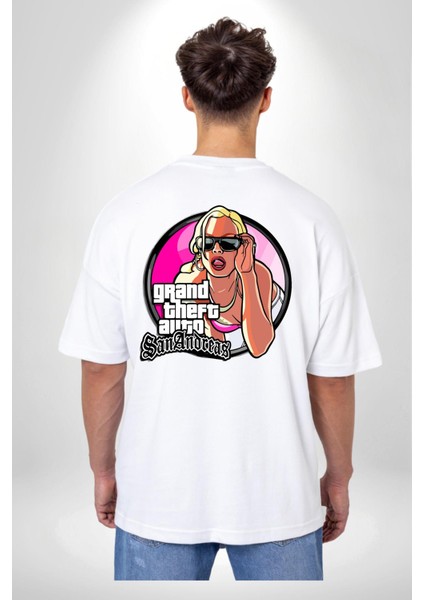 Gta San Andreas Logo Kadın Erkek Ön Minimal Sırt Baskılı Beyaz Pamuklu Tişört fiyatları