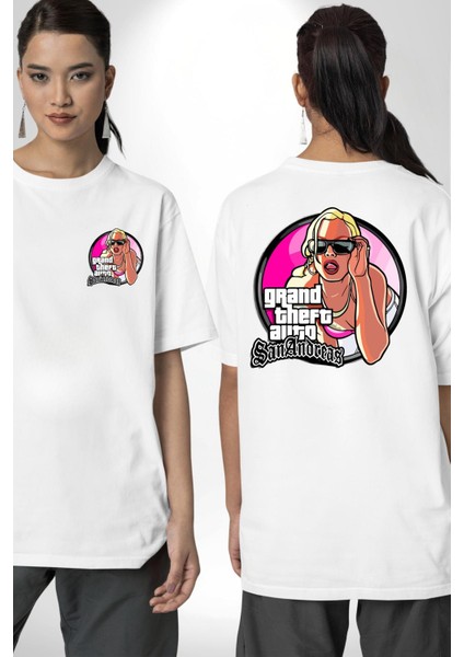 Gta San Andreas Logo Kadın Erkek Ön Minimal Sırt Baskılı Beyaz Pamuklu Tişört fırsatları
