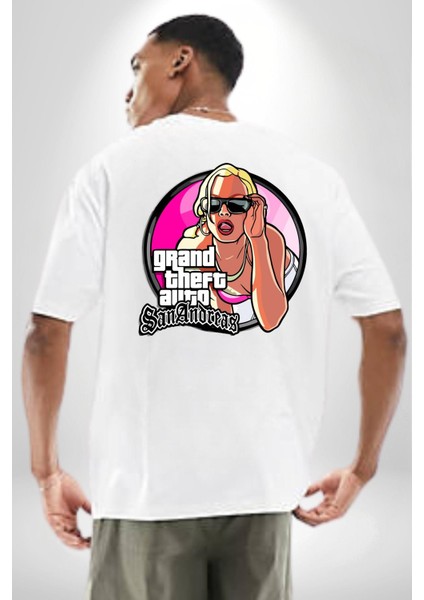Gta San Andreas Logo Kadın Erkek Ön Minimal Sırt Baskılı Beyaz Pamuklu Tişört indirimleri