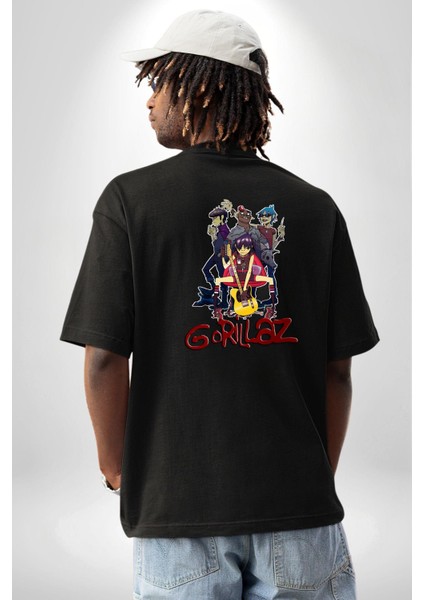 Gorillaz Anime Müzik Grubu Punk Kadın Erkek Ön Minimal Sırt Baskılı Siyah Pamuklu Tişört fiyatları