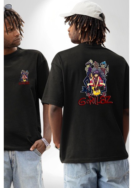 Gorillaz Anime Müzik Grubu Punk Kadın Erkek Ön Minimal Sırt Baskılı Siyah Pamuklu Tişört fırsatları