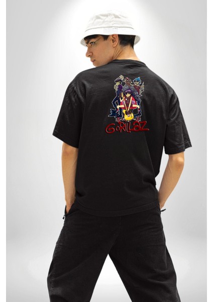 Gorillaz Anime Müzik Grubu Punk Kadın Erkek Ön Minimal Sırt Baskılı Siyah Pamuklu Tişört indirimleri