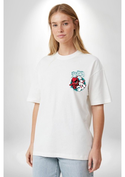 Demon Slayer Urokodaki Maskeler Anime Kadın Erkek Ön Minimal Sırt Baskılı Beyaz Pamuklu Tişört modelleri