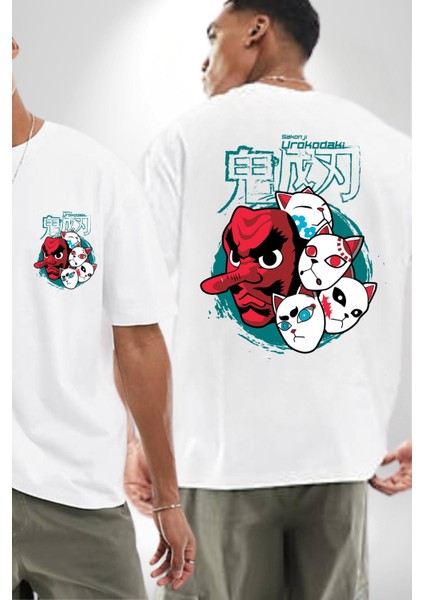 Demon Slayer Urokodaki Maskeler Anime Kadın Erkek Ön Minimal Sırt Baskılı Beyaz Pamuklu Tişört fırsatları