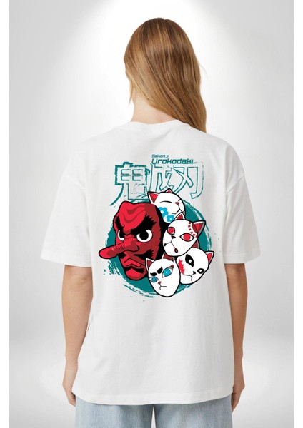 Demon Slayer Urokodaki Maskeler Anime Kadın Erkek Ön Minimal Sırt Baskılı Beyaz Pamuklu Tişört indirimleri