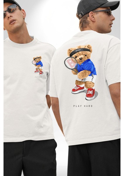 Tenisçi Tatlı Oyuncak Ayı Kadın Erkek Ön Minimal Sırt Baskılı Beyaz Pamuklu Tişört