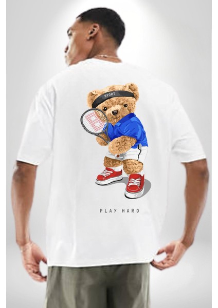 Tenisçi Tatlı Oyuncak Ayı Kadın Erkek Ön Minimal Sırt Baskılı Beyaz Pamuklu Tişört fiyatları