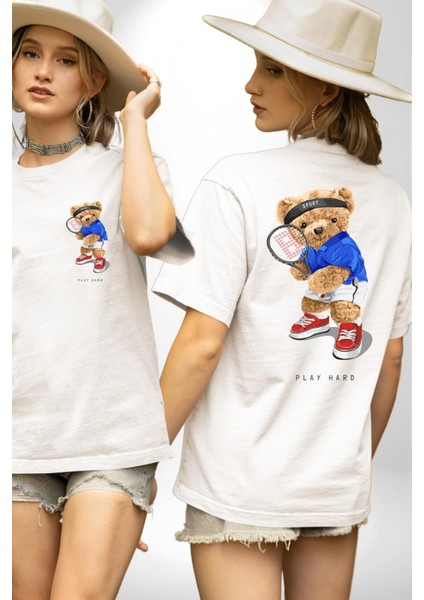 Tenisçi Tatlı Oyuncak Ayı Kadın Erkek Ön Minimal Sırt Baskılı Beyaz Pamuklu Tişört fırsatları