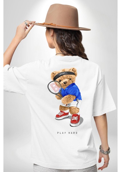 Tenisçi Tatlı Oyuncak Ayı Kadın Erkek Ön Minimal Sırt Baskılı Beyaz Pamuklu Tişört indirimleri