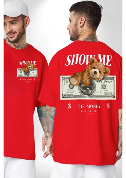 Amerikan Doları ve Oyuncak Ayı Kadın Erkek Ön Minimal Sırt Baskılı Kırmızı Pamuklu Tişört