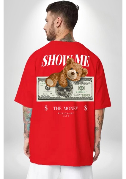 Amerikan Doları ve Oyuncak Ayı Kadın Erkek Ön Minimal Sırt Baskılı Kırmızı Pamuklu Tişört fiyatları