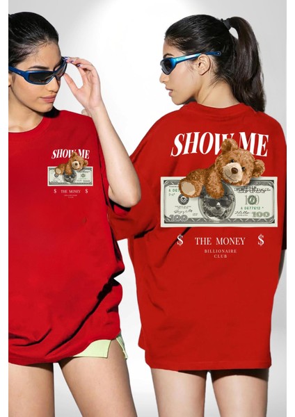 Amerikan Doları ve Oyuncak Ayı Kadın Erkek Ön Minimal Sırt Baskılı Kırmızı Pamuklu Tişört fırsatları